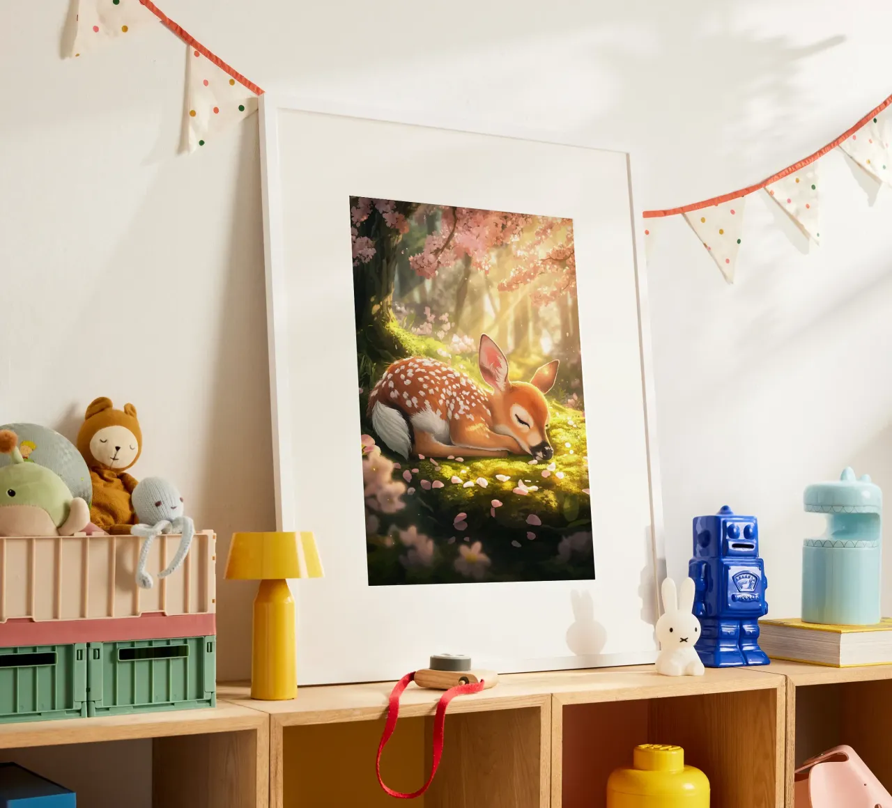 Cerbiatto addormentato nel bosco di ciliegi in fiore poster da pixelbull - medieval art and more