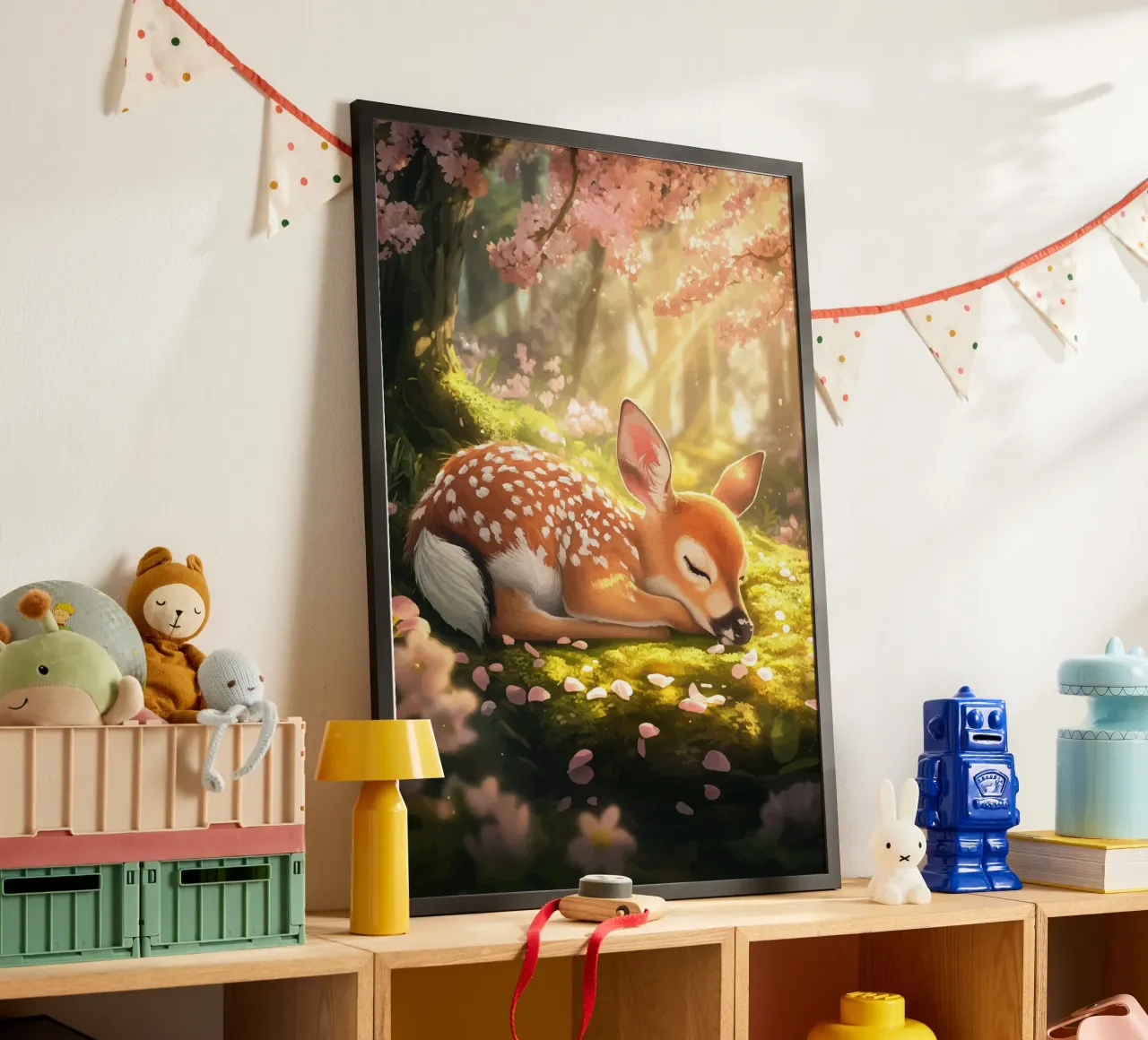 Cerbiatto addormentato nel bosco di ciliegi in fiore poster da pixelbull - medieval art and more