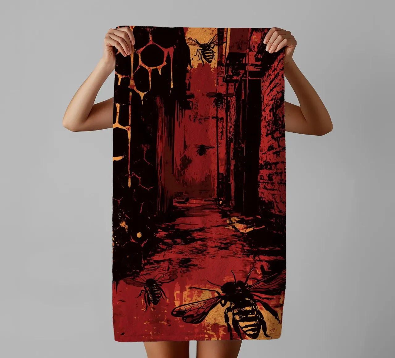 Vicolo da incubo con api e nidi d'ape asciugamano da bagno da pixelbull - medieval art and more