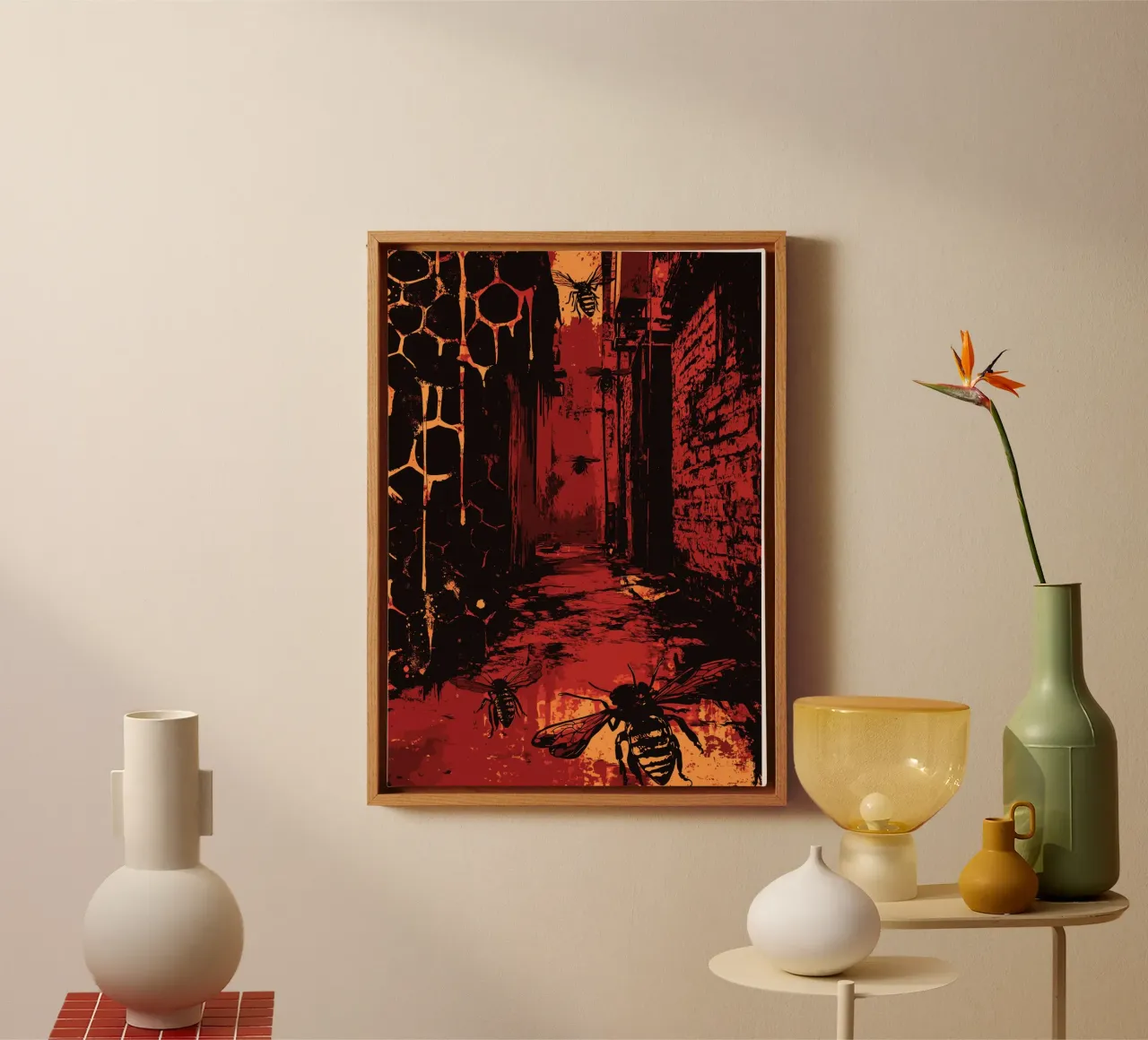 Nightmarish alleyway with bees and honeycombs canvas with Floater frame by pixelbull - medieval art and more