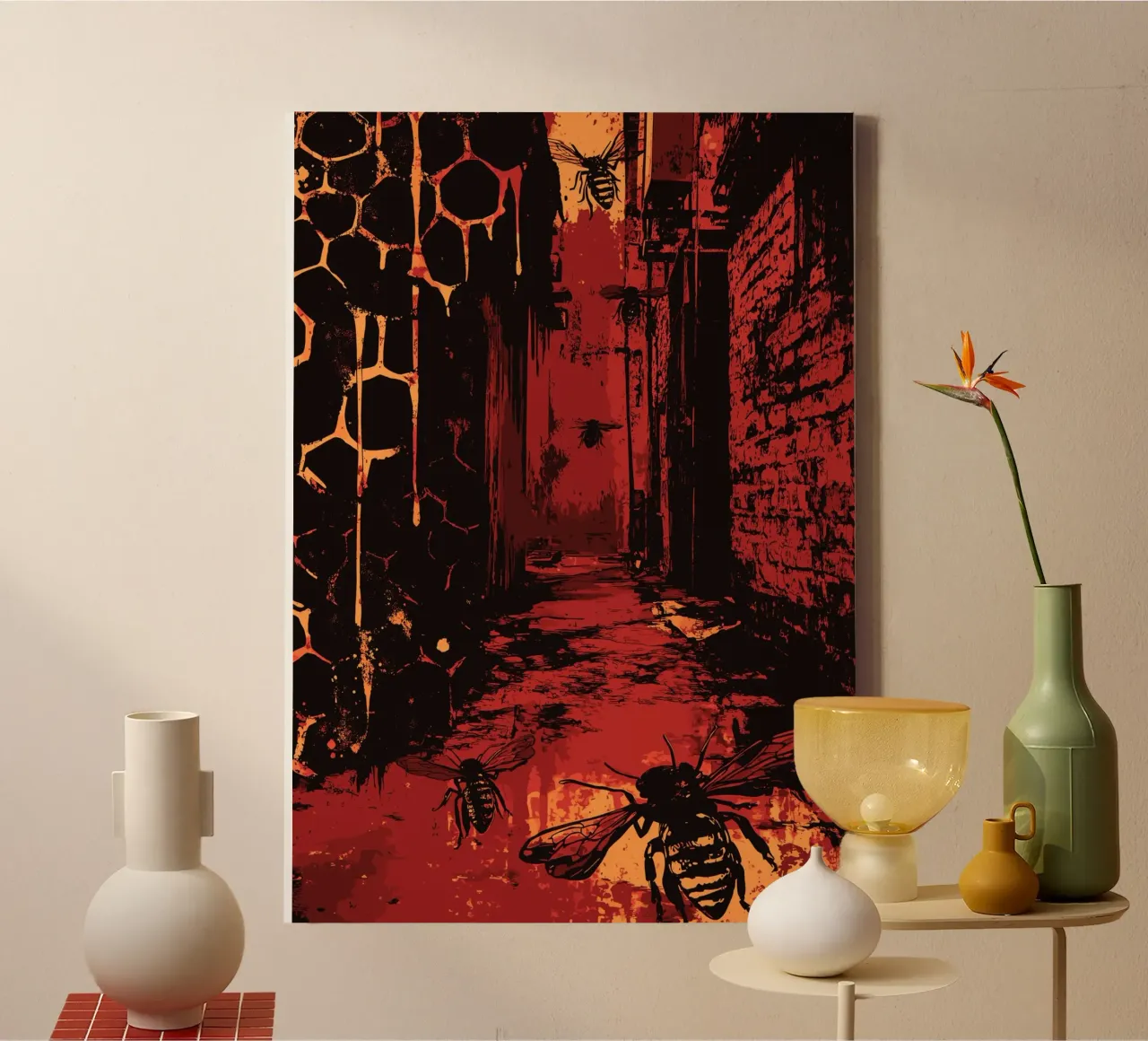 Nightmarish alleyway with bees and honeycombs canvas with Floater frame by pixelbull - medieval art and more