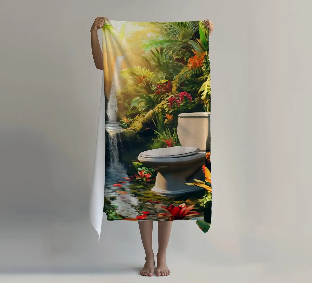 Toilette in un'oasi tropicale con cascata telo mare da pixelbull - medieval art and more
