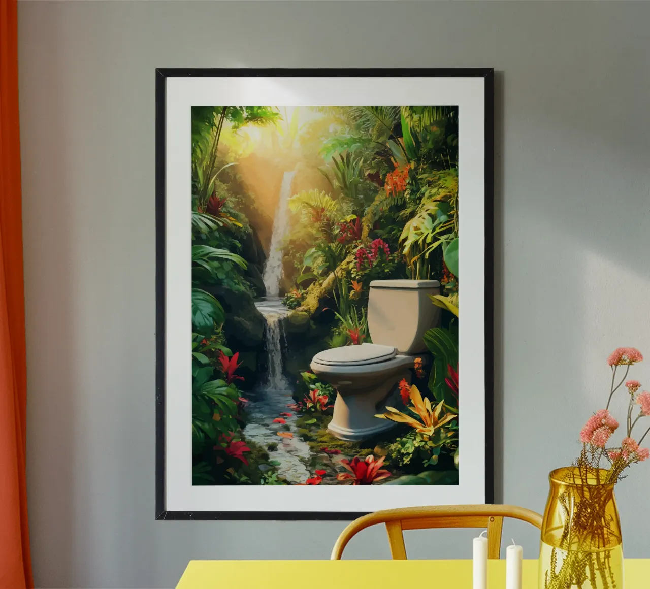 Toilette in un'oasi tropicale con cascata poster con telaio in legno da pixelbull - medieval art and more