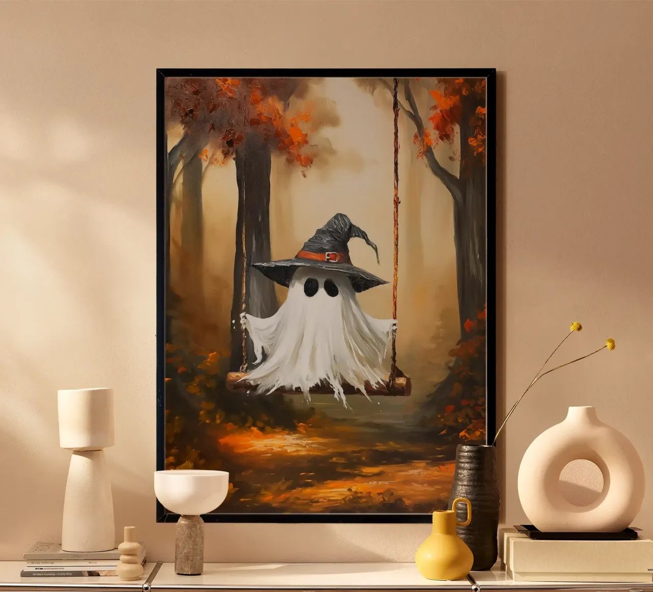L'altalena dei fantasmi di Halloween poster con telaio in plastica da Fleur de Lys