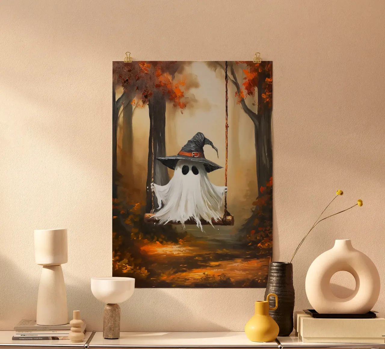 L'altalena dei fantasmi di Halloween poster con telaio in plastica da Fleur de Lys