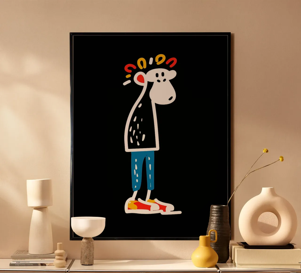 Illustrazione di un personaggio dei cartoni animati su sfondo nero poster con telaio in legno da Ethan Smith