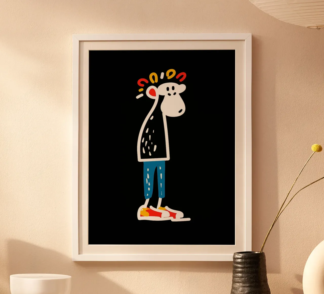 Illustrazione di un personaggio dei cartoni animati su sfondo nero poster con telaio in legno da Ethan Smith
