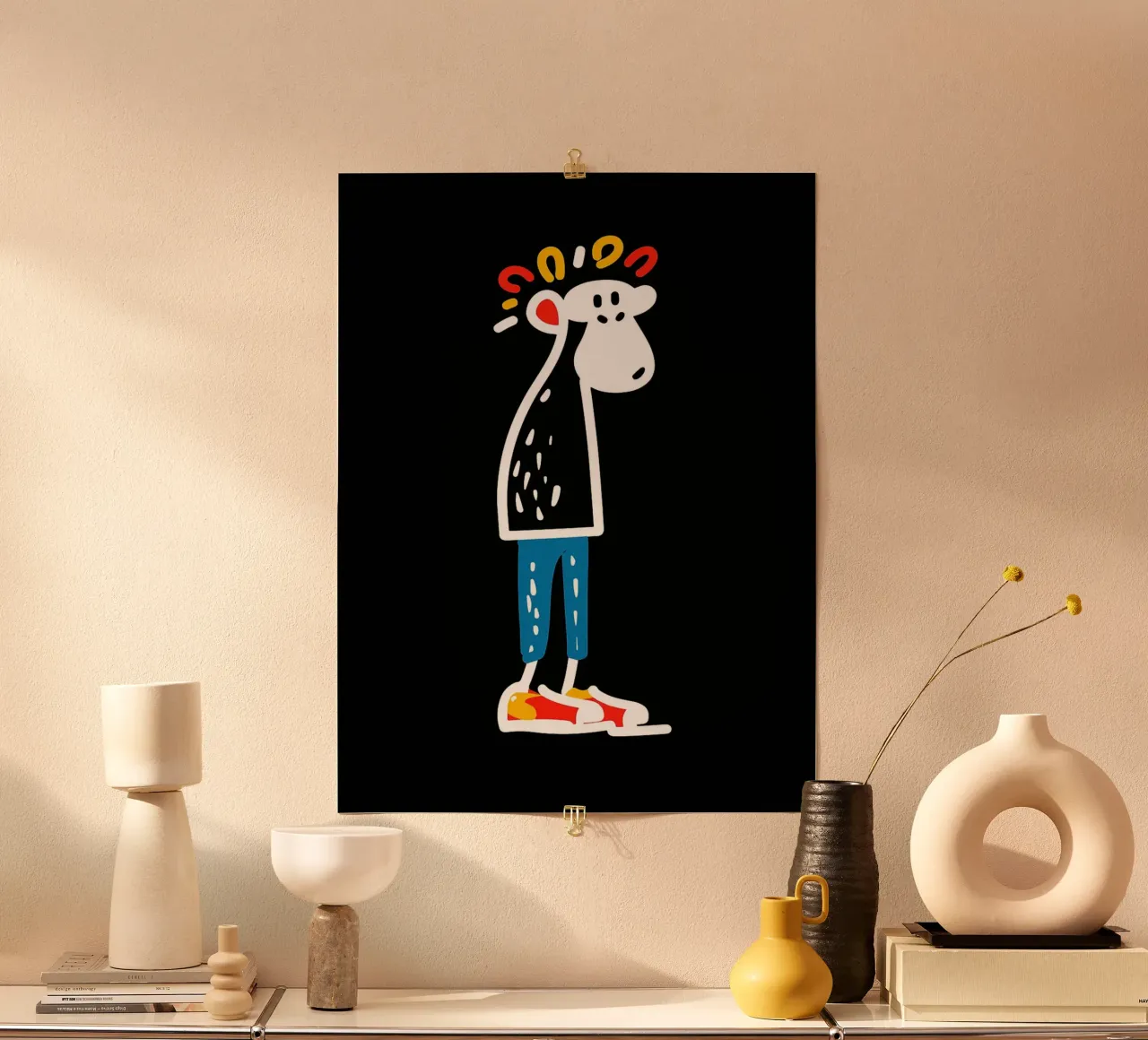 Illustrazione di un personaggio dei cartoni animati su sfondo nero poster con telaio in legno da Ethan Smith