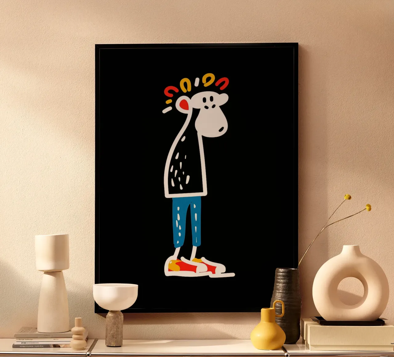 Illustrazione di un personaggio dei cartoni animati su sfondo nero poster con telaio in legno da Ethan Smith