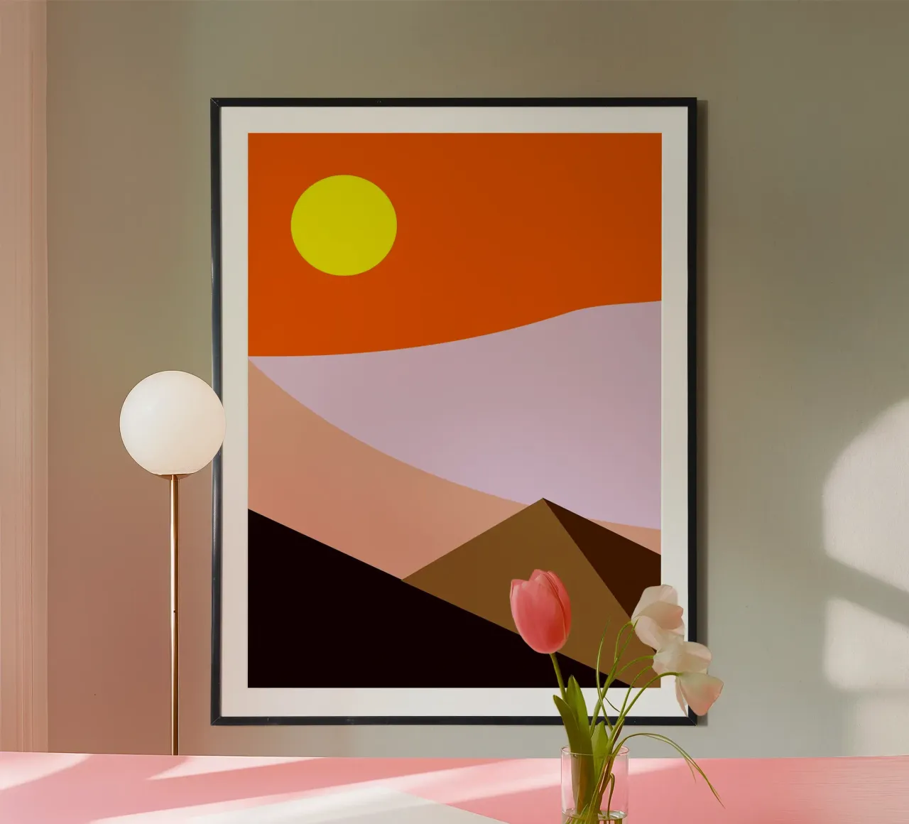 Paesaggio desertico minimalista con sole poster con telaio in plastica da Noah Bouchard