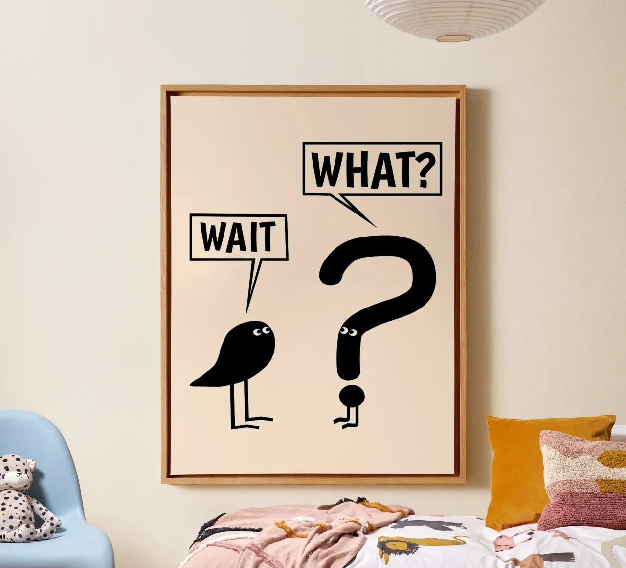 Wait What_ Funny Grammar Minimalist Art canvas with Floater frame by Noah Bouchard