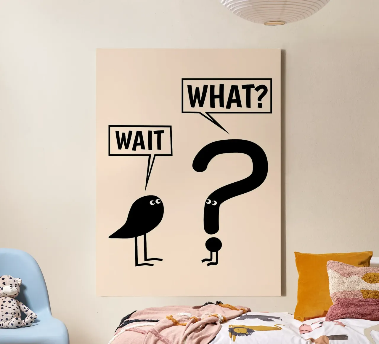 Wait What_ Funny Grammar Minimalist Art canvas with Floater frame by Noah Bouchard