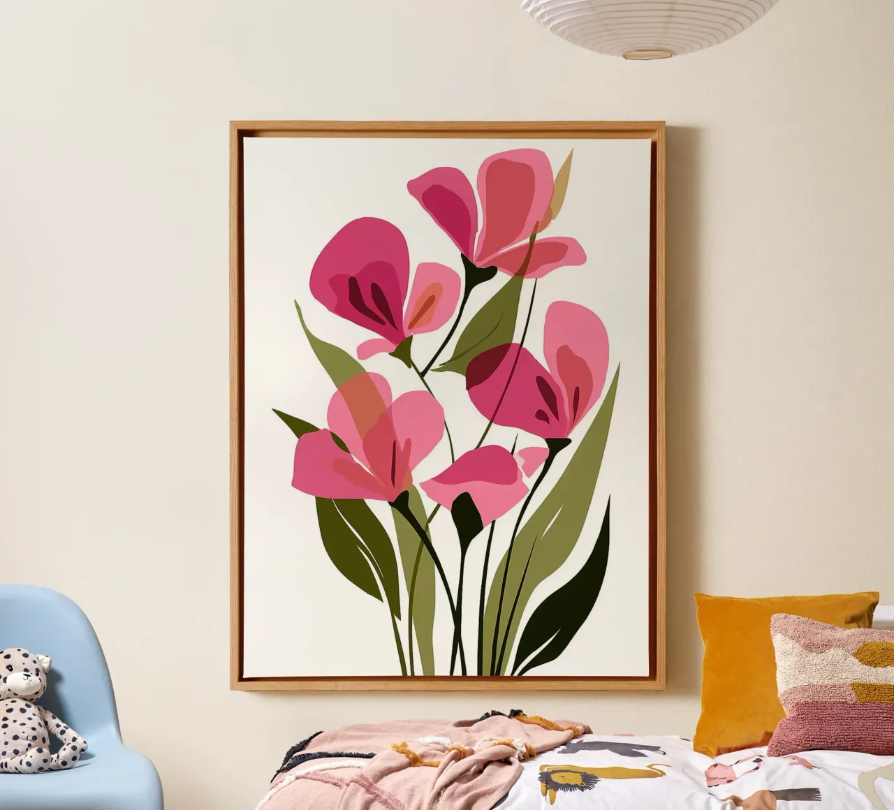 Roze bloemenillustratie op witte achtergrond canvas met Baklijst van Noah Bouchard