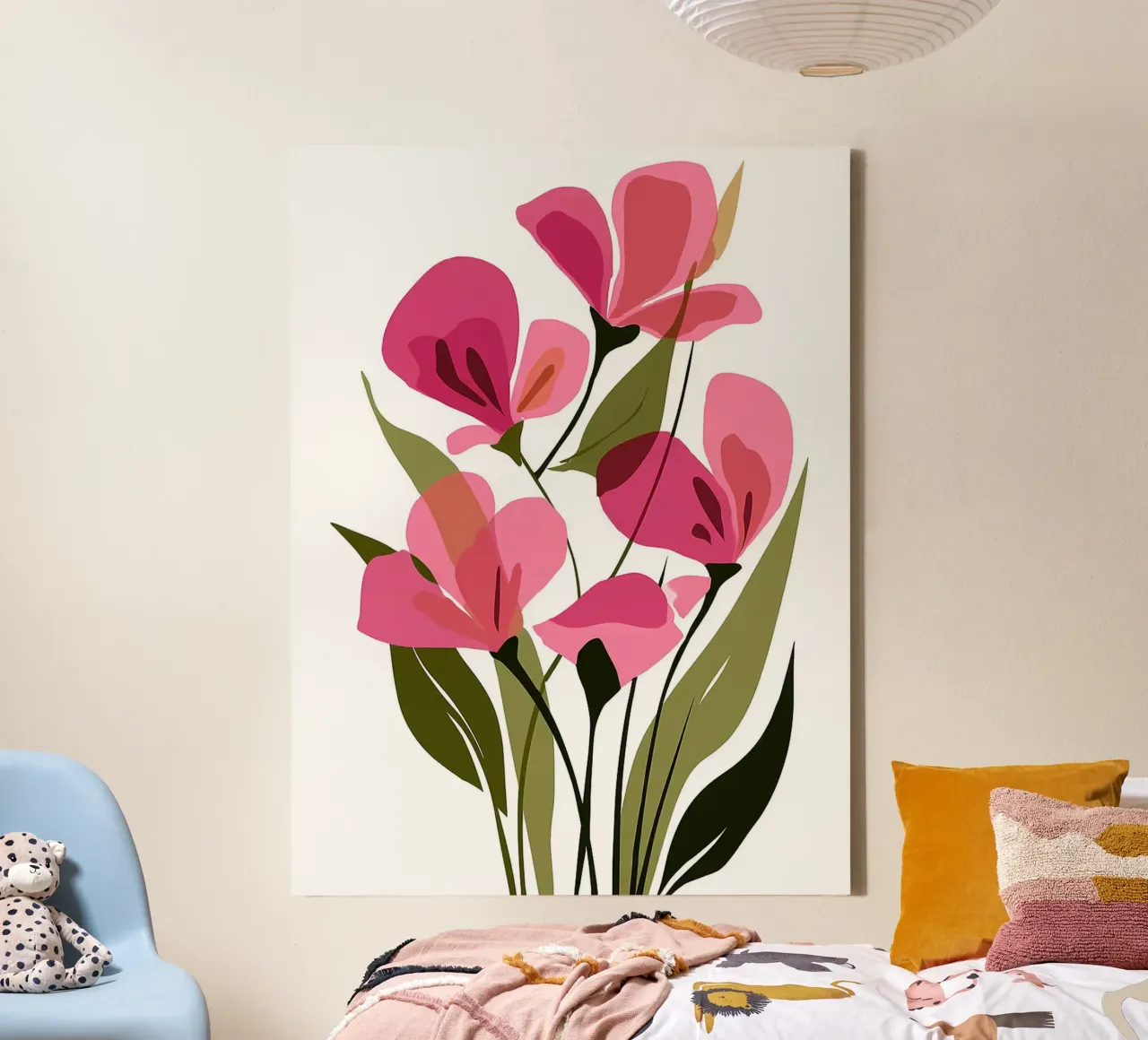 Roze bloemenillustratie op witte achtergrond canvas met Baklijst van Noah Bouchard