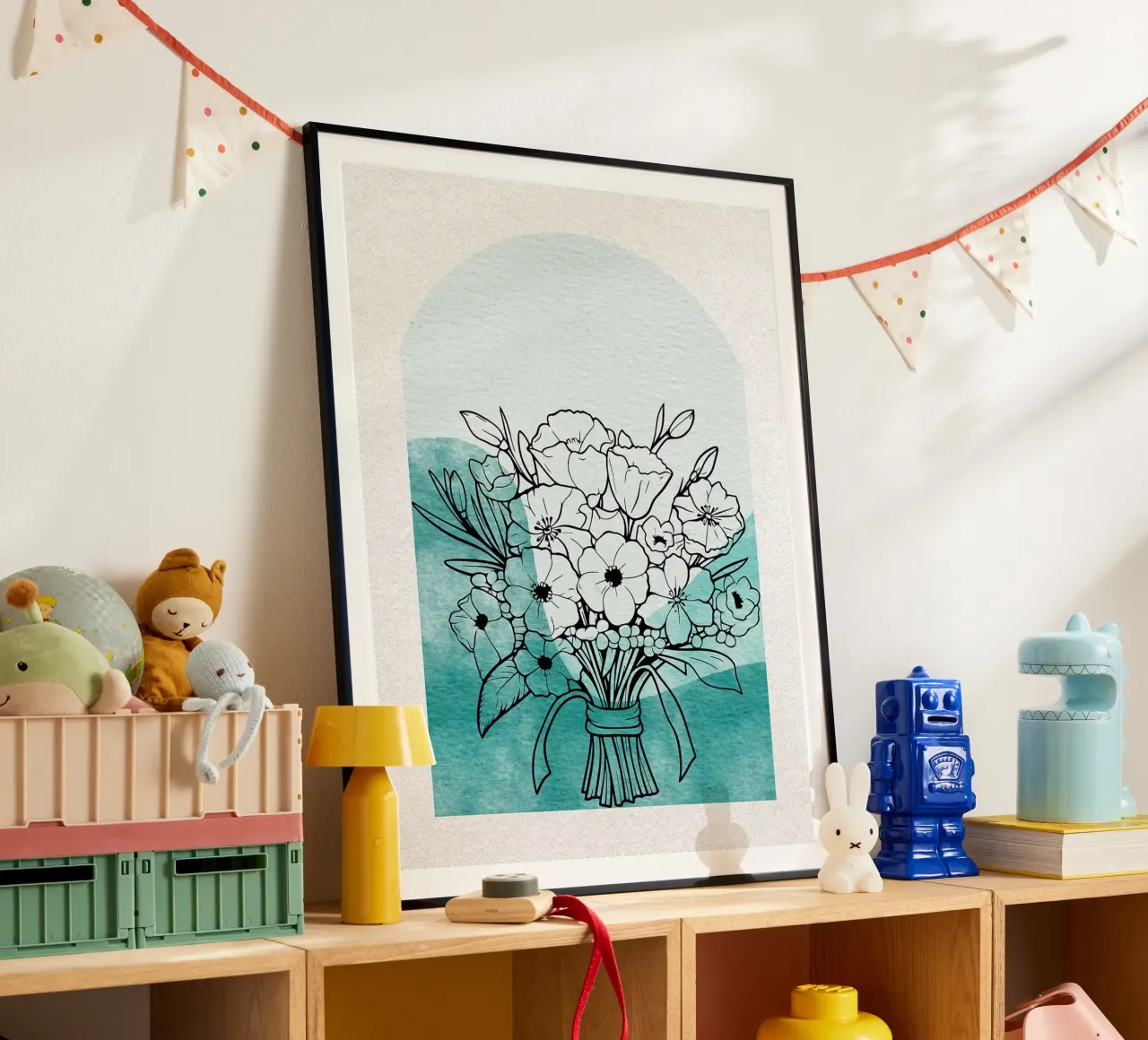 Bouquet floreale con arco acquerellato verde acqua poster con telaio in plastica da Liam Lee