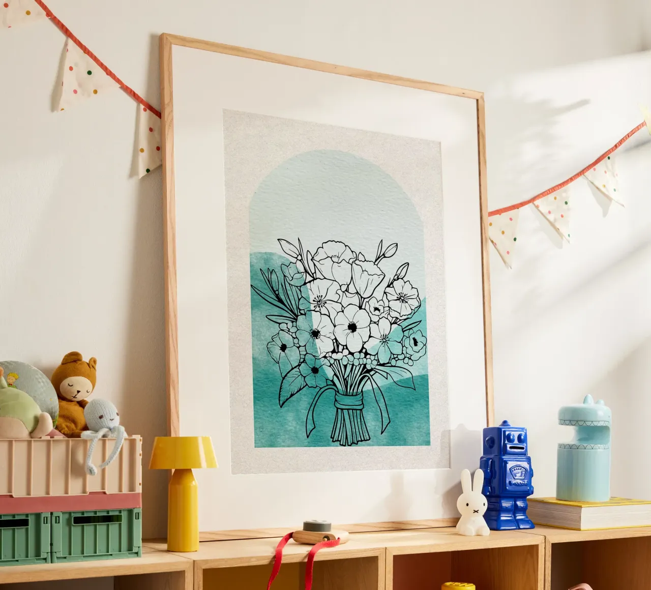 Bouquet floreale con arco acquerellato verde acqua poster con telaio in plastica da Liam Lee