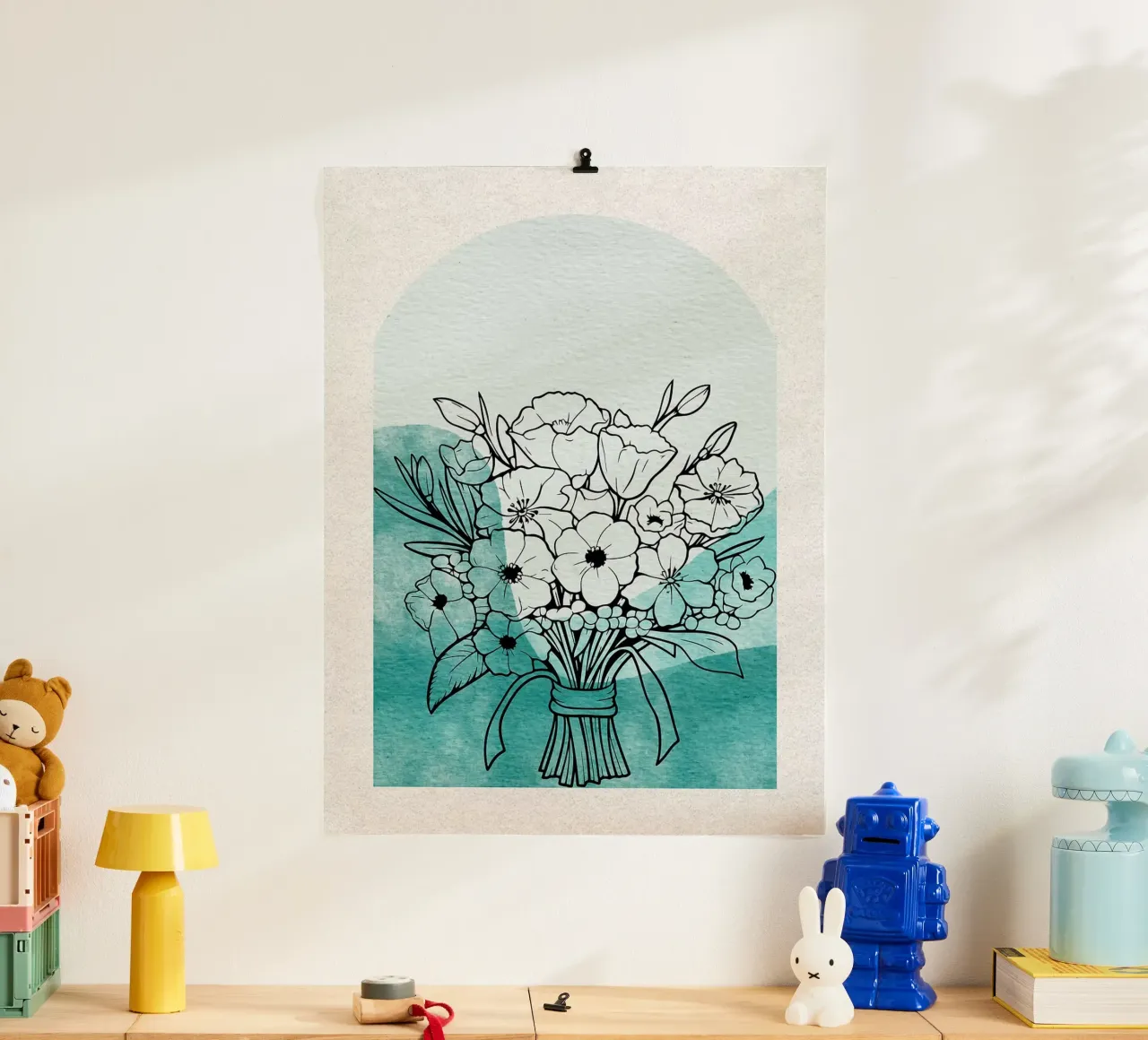 Bouquet floreale con arco acquerellato verde acqua poster con telaio in plastica da Liam Lee