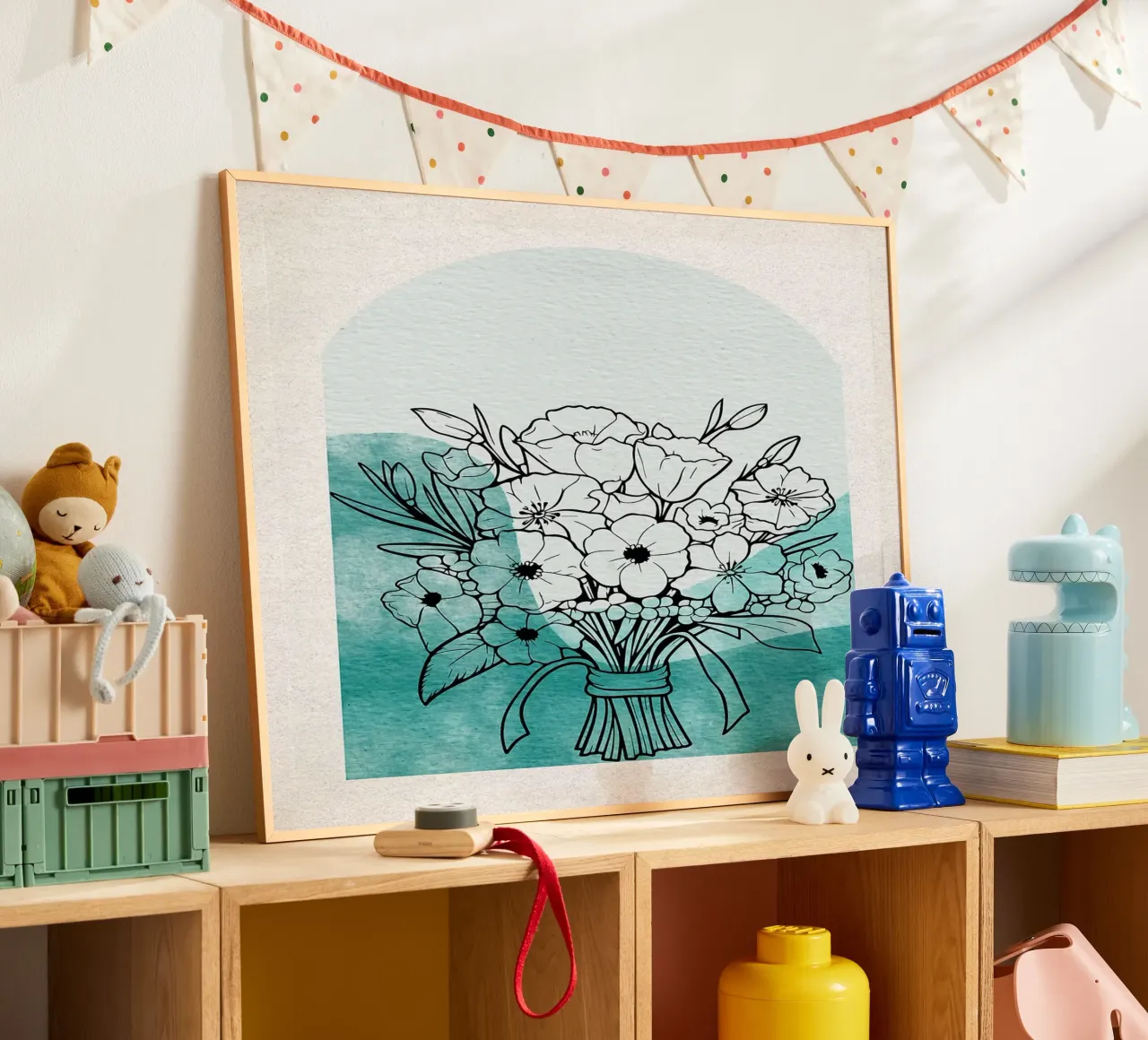 Bouquet floreale con arco acquerellato verde acqua poster con telaio in plastica da Liam Lee