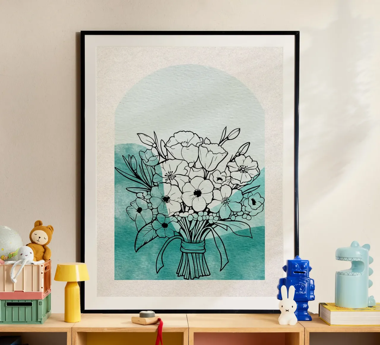 Bouquet floreale con arco acquerellato verde acqua poster con telaio in plastica da Liam Lee