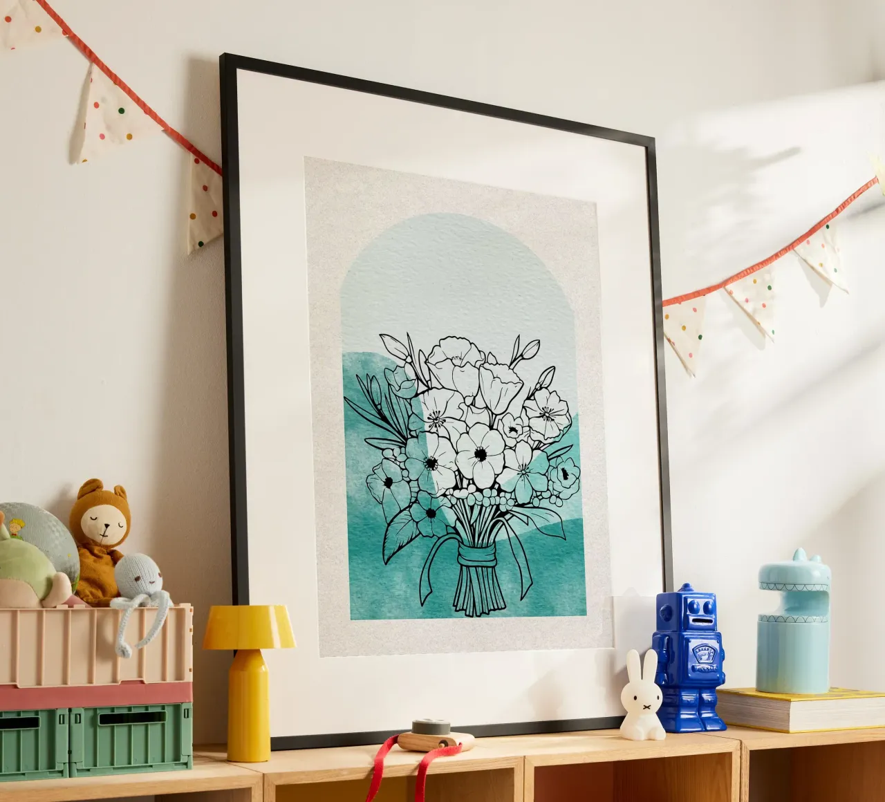 Bouquet floreale con arco acquerellato verde acqua poster con telaio in plastica da Liam Lee