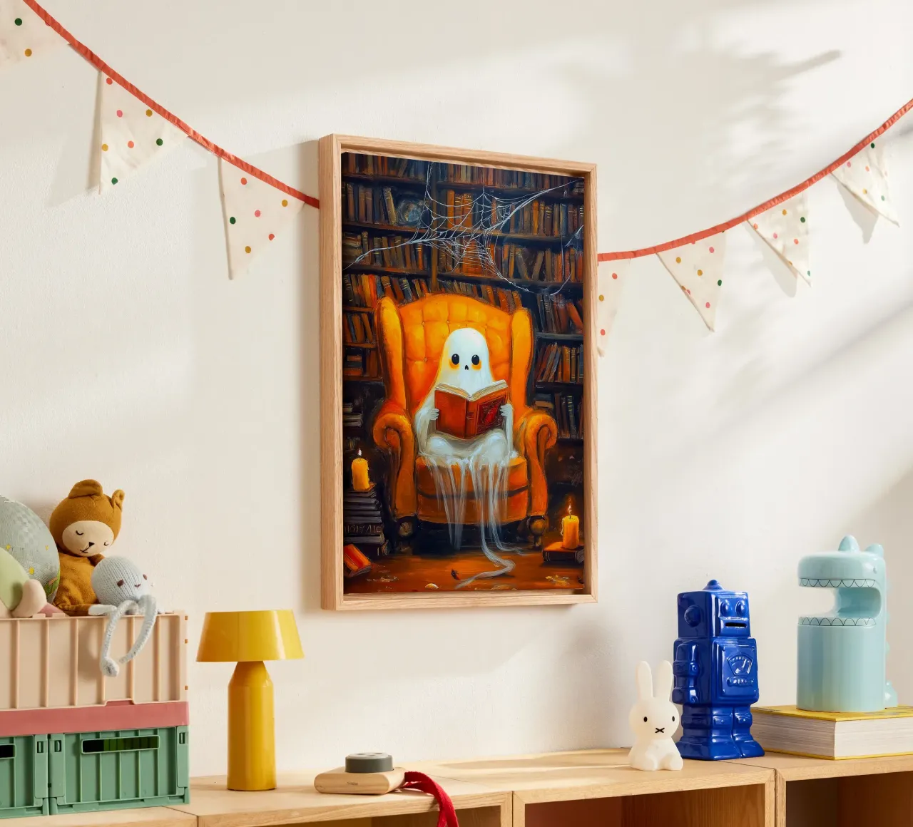 Halloween Ghost Reading in Armchair Haunted Library canvas with Floater frame by Fleur de Lys