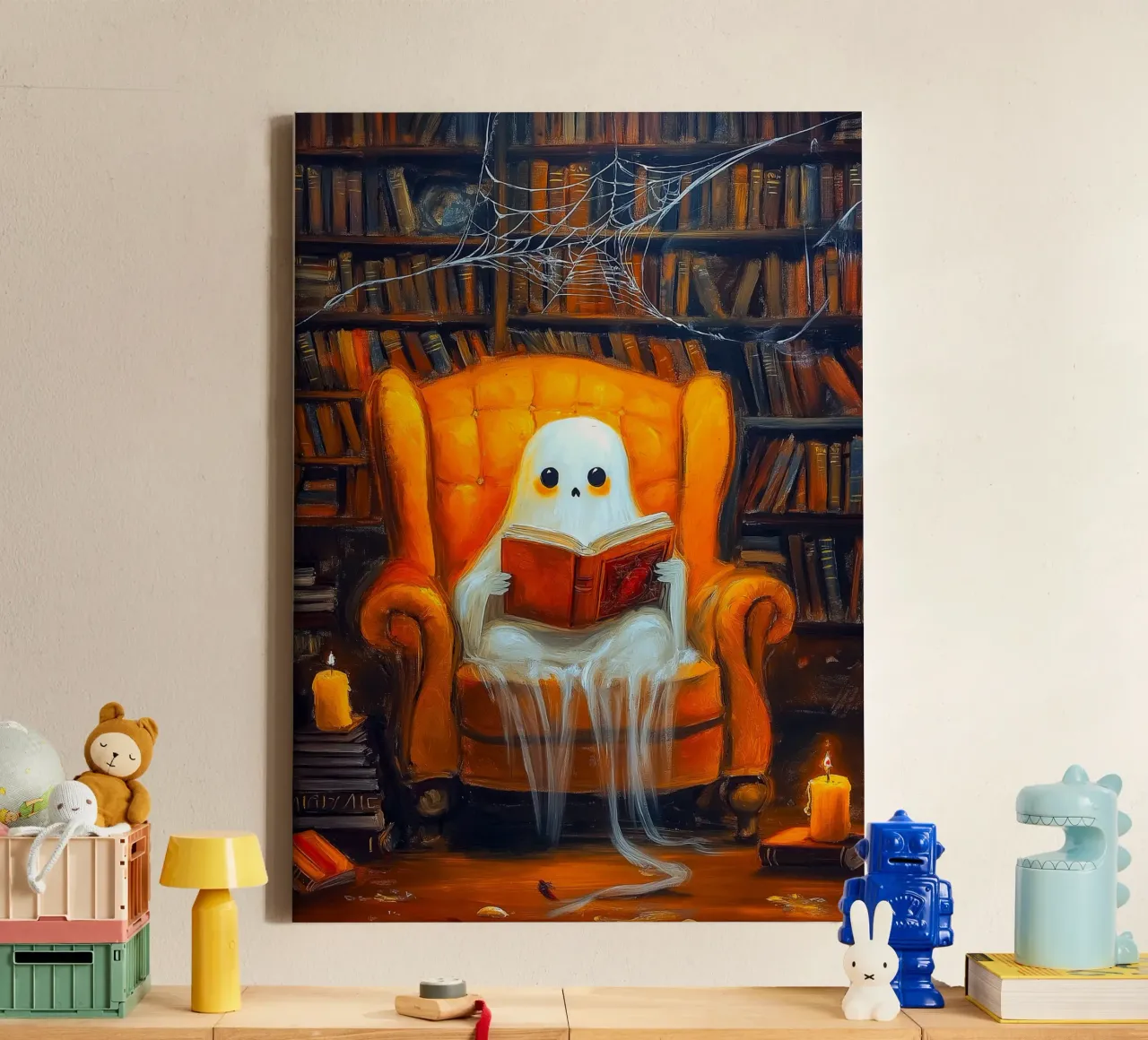 Halloween Ghost Reading in Armchair Haunted Library canvas with Floater frame by Fleur de Lys