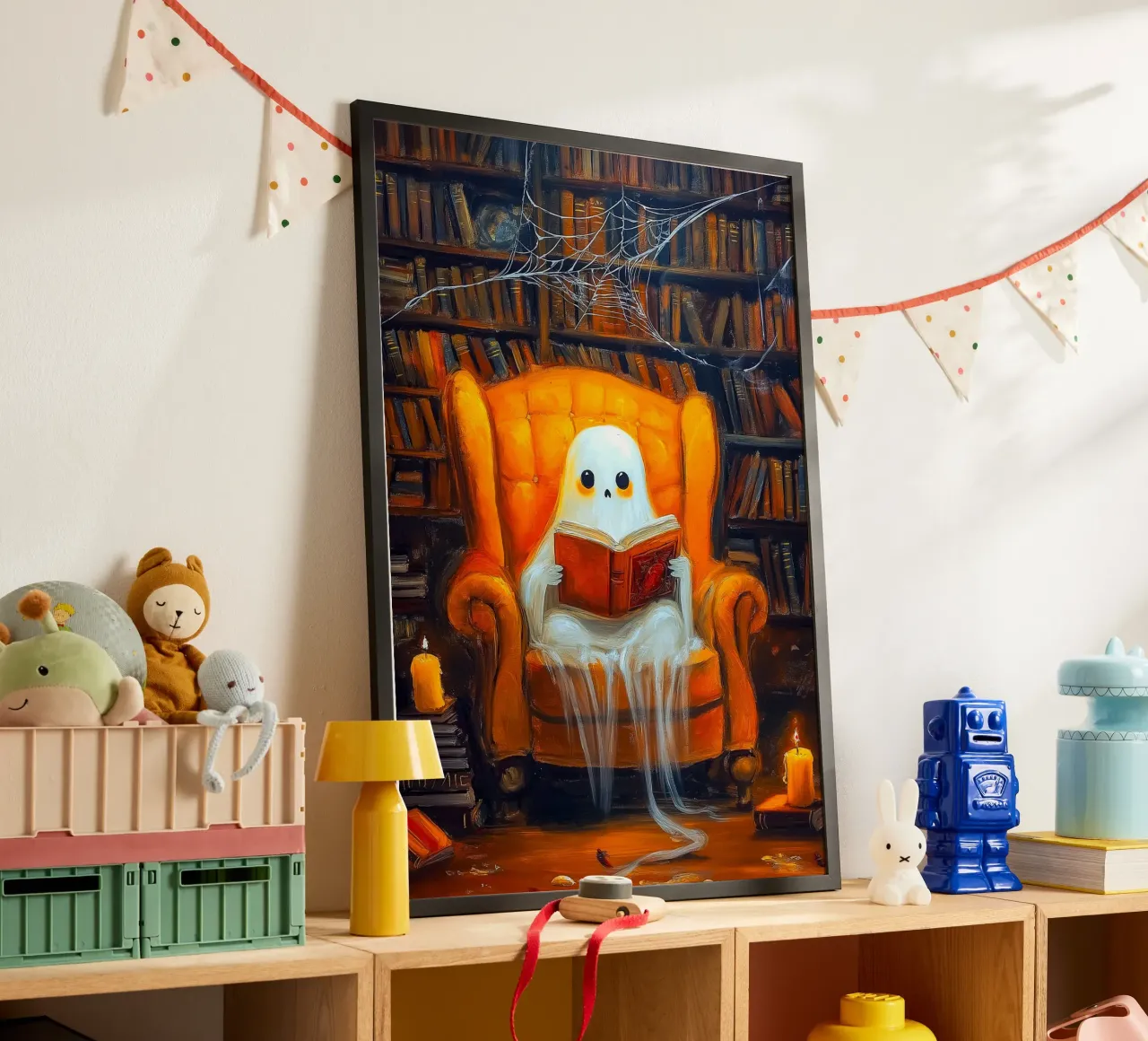 Lecture fantôme d'Halloween dans la bibliothèque hantée Armchair poster de Fleur de Lys