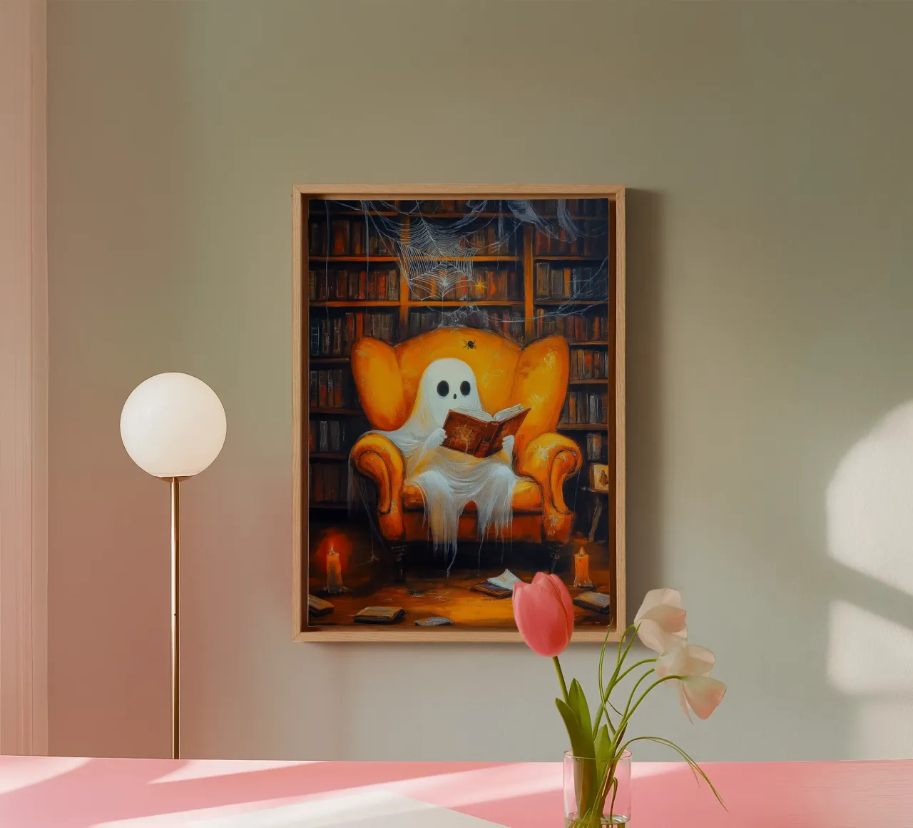 Halloween Ghost Reading in Armchair Haunted Library canvas with Floater frame by Fleur de Lys