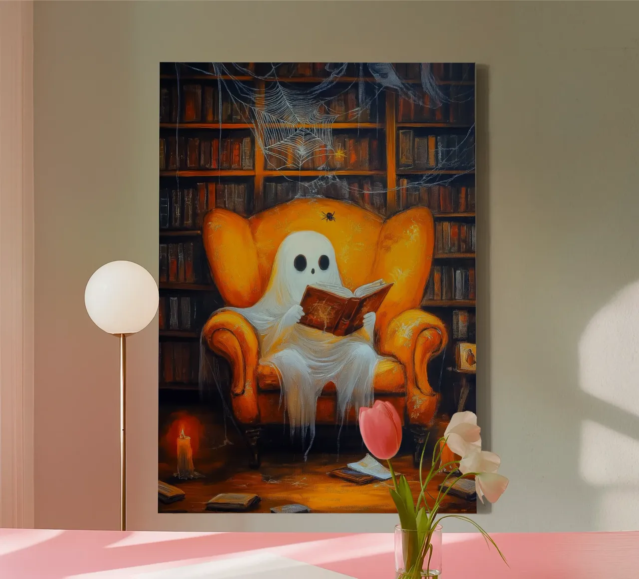 Halloween Ghost Reading in Armchair Haunted Library canvas with Floater frame by Fleur de Lys