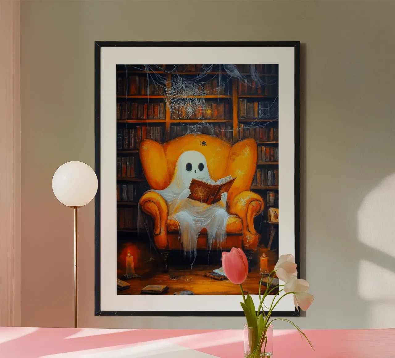 Lecture fantôme d'Halloween dans la bibliothèque hantée Armchair poster de Fleur de Lys