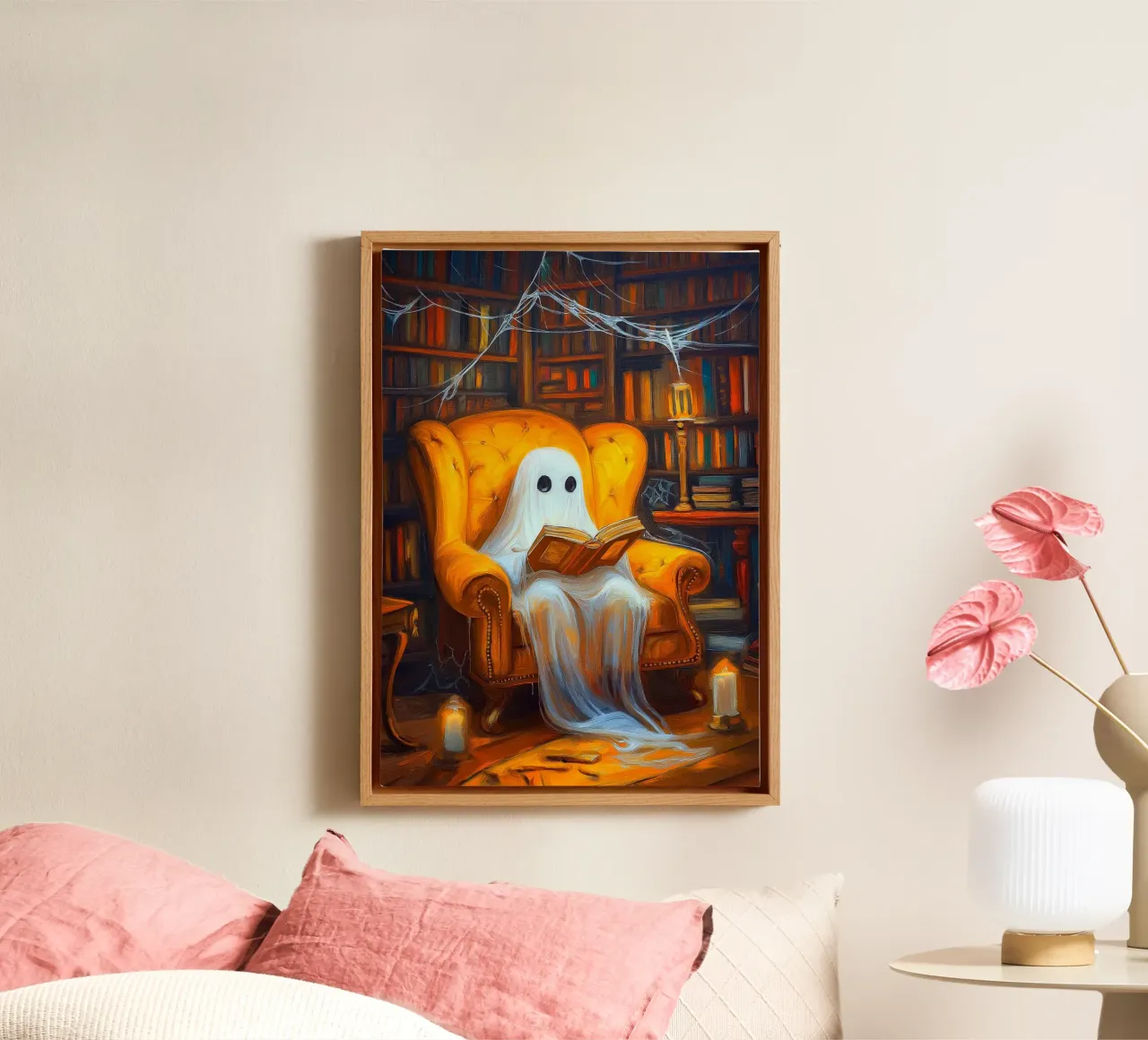 Halloween Ghost Reading in Armchair Haunted Library canvas with Floater frame by Fleur de Lys
