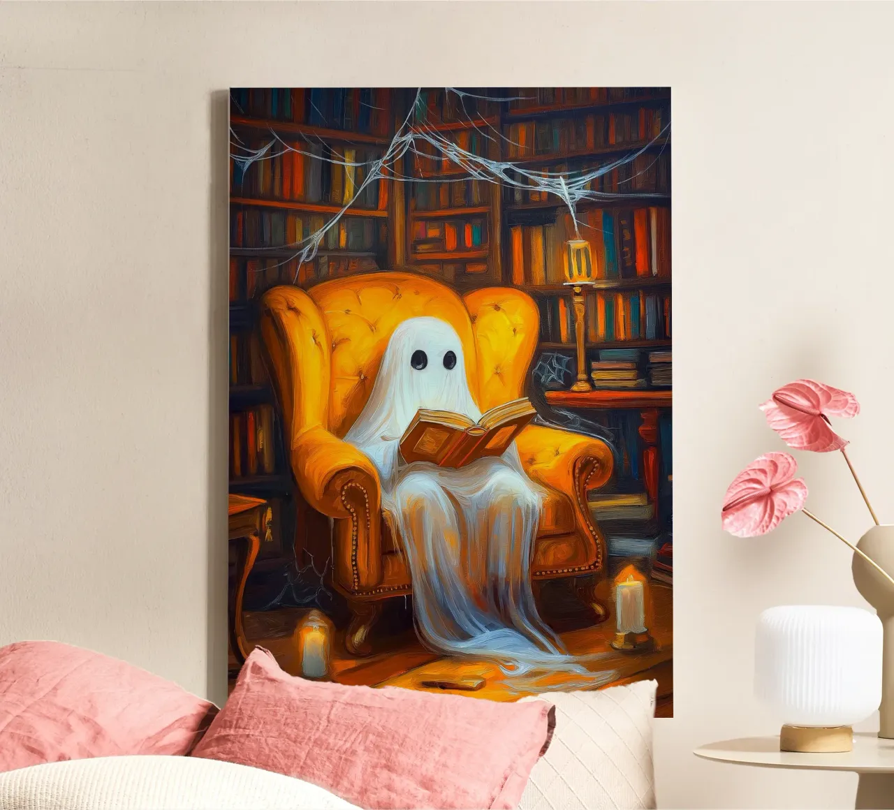 Halloween Ghost Reading in Armchair Haunted Library canvas with Floater frame by Fleur de Lys