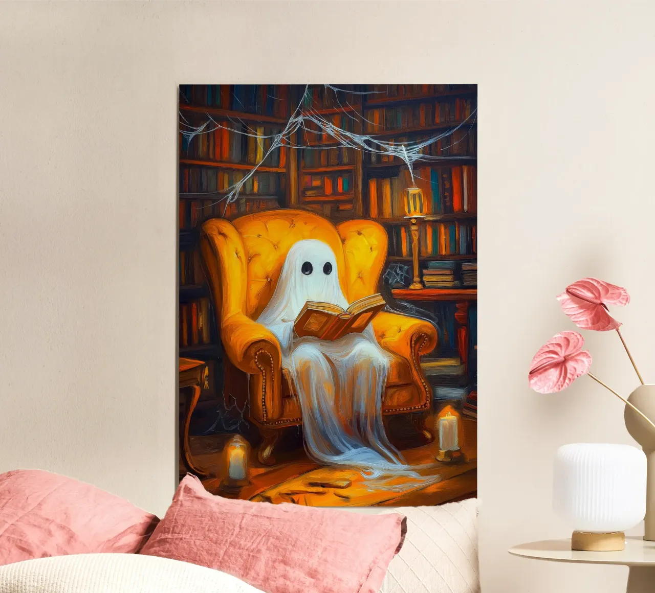 Lecture fantôme d'Halloween dans la bibliothèque hantée Armchair poster de Fleur de Lys