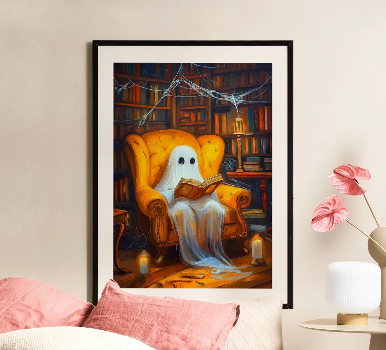 Lecture fantôme d'Halloween dans la bibliothèque hantée Armchair poster de Fleur de Lys