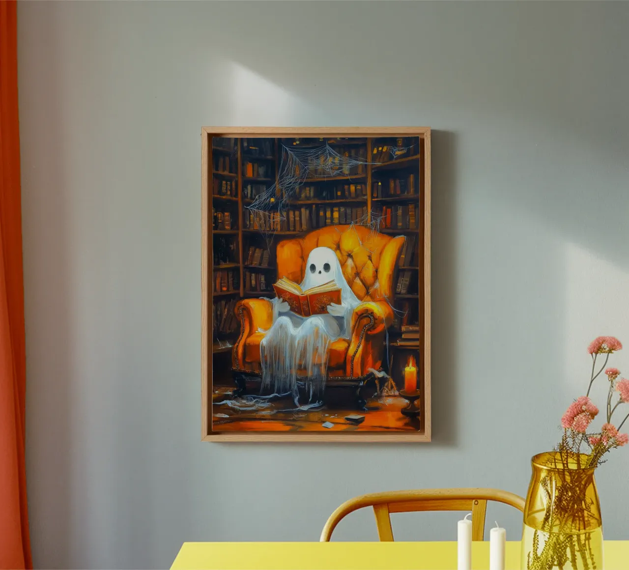 Halloween Ghost Reading in Armchair Haunted Library canvas with Floater frame by Fleur de Lys