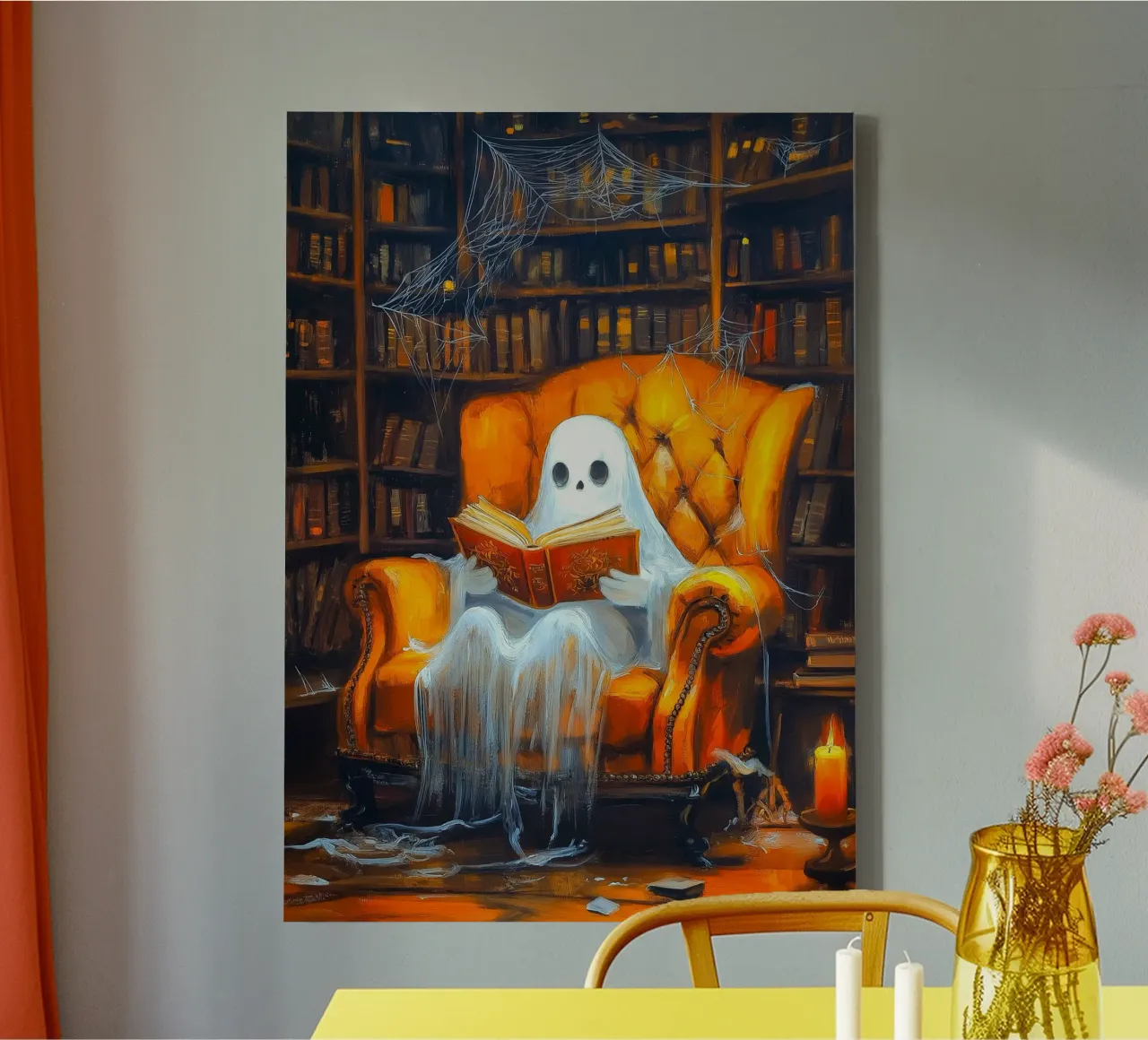 Halloween Ghost Reading in Armchair Haunted Library canvas with Floater frame by Fleur de Lys