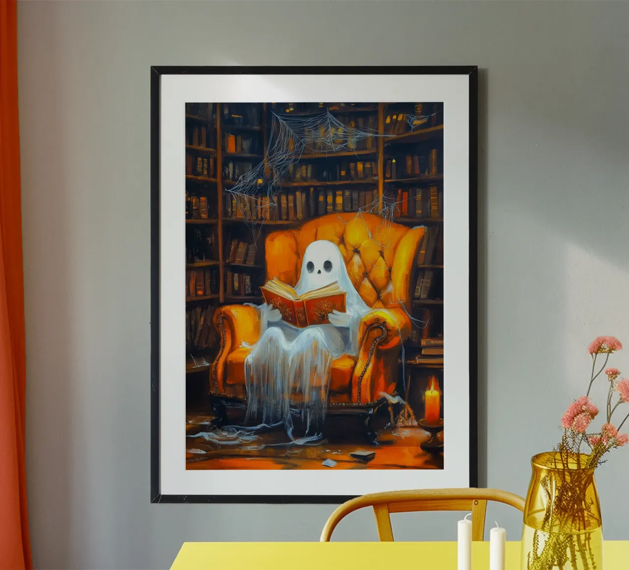 Lecture fantôme d'Halloween dans la bibliothèque hantée Armchair poster de Fleur de Lys