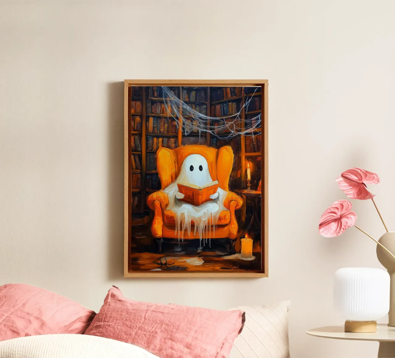 Halloween Ghost Reading in Armchair Haunted Library canvas with Floater frame by Fleur de Lys