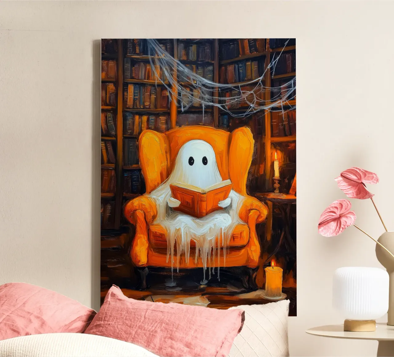 Halloween Ghost Reading in Armchair Haunted Library canvas with Floater frame by Fleur de Lys