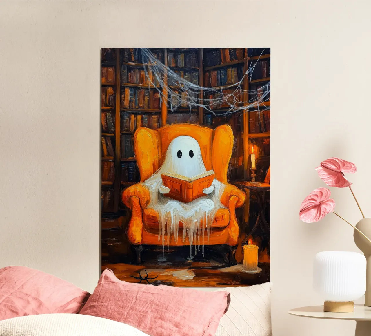 Lecture fantôme d'Halloween dans la bibliothèque hantée Armchair poster de Fleur de Lys