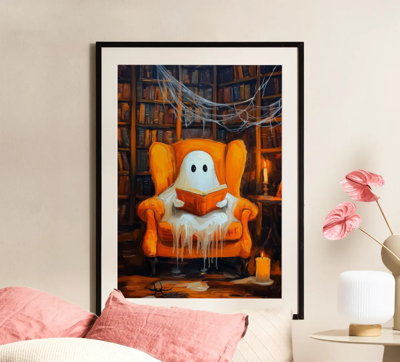 Lecture fantôme d'Halloween dans la bibliothèque hantée Armchair poster de Fleur de Lys