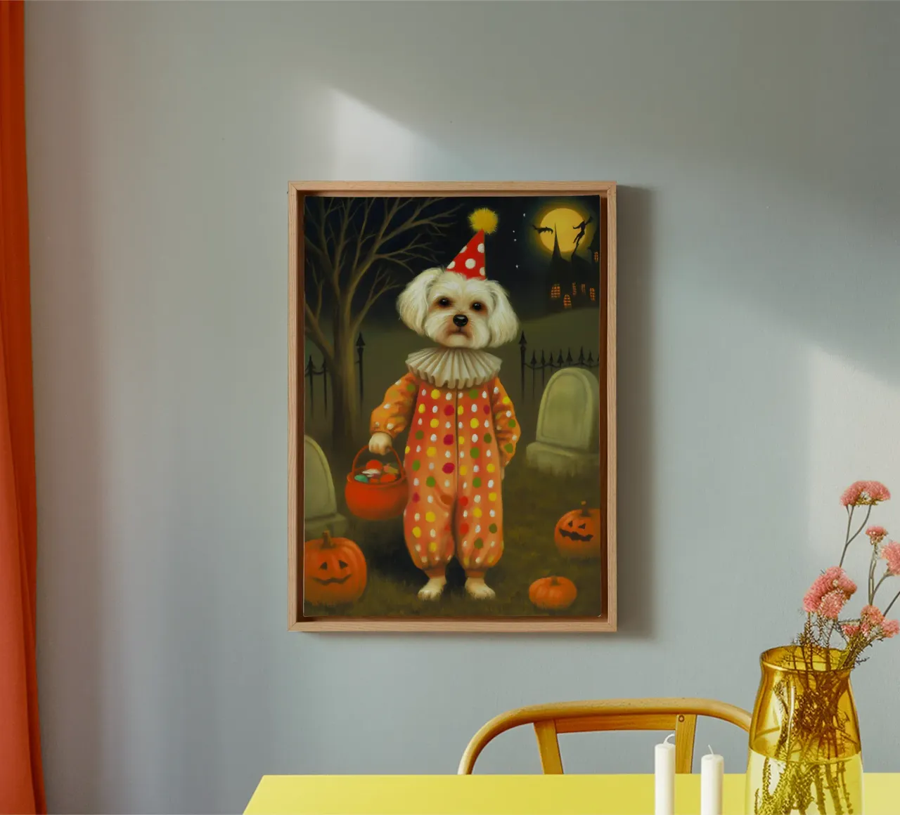 Cane clown di Halloween: dolcetto o scherzetto in un cimitero tela con Cornice a cassetta da Fleur de Lys