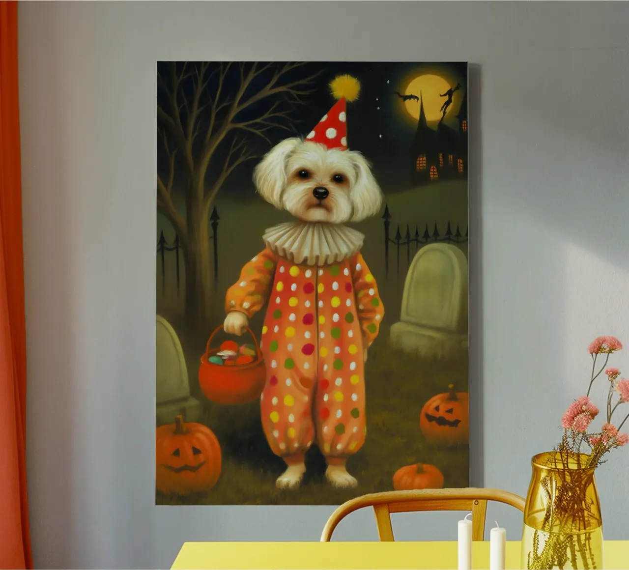 Cane clown di Halloween: dolcetto o scherzetto in un cimitero tela con Cornice a cassetta da Fleur de Lys