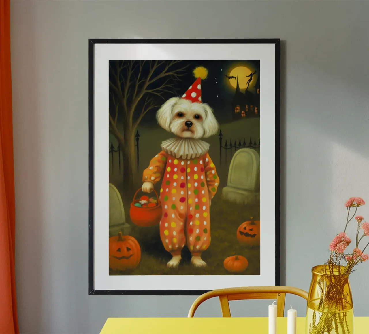 Cane clown di Halloween: dolcetto o scherzetto in un cimitero poster da Fleur de Lys