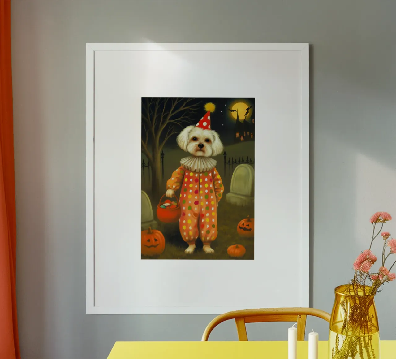 Cane clown di Halloween: dolcetto o scherzetto in un cimitero poster da Fleur de Lys