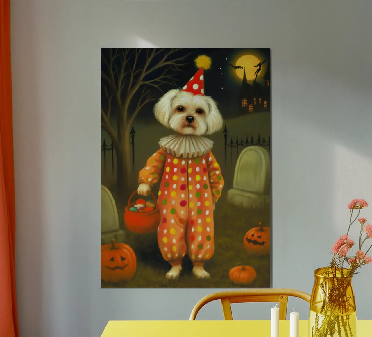 Cane clown di Halloween: dolcetto o scherzetto in un cimitero poster da Fleur de Lys
