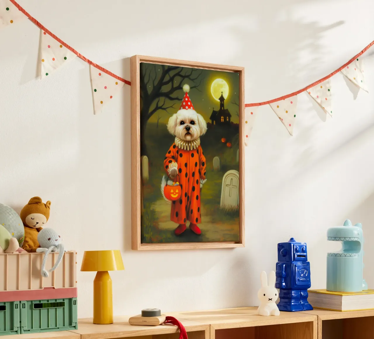 Cane clown di Halloween: dolcetto o scherzetto in un cimitero tela con Cornice a cassetta da Fleur de Lys