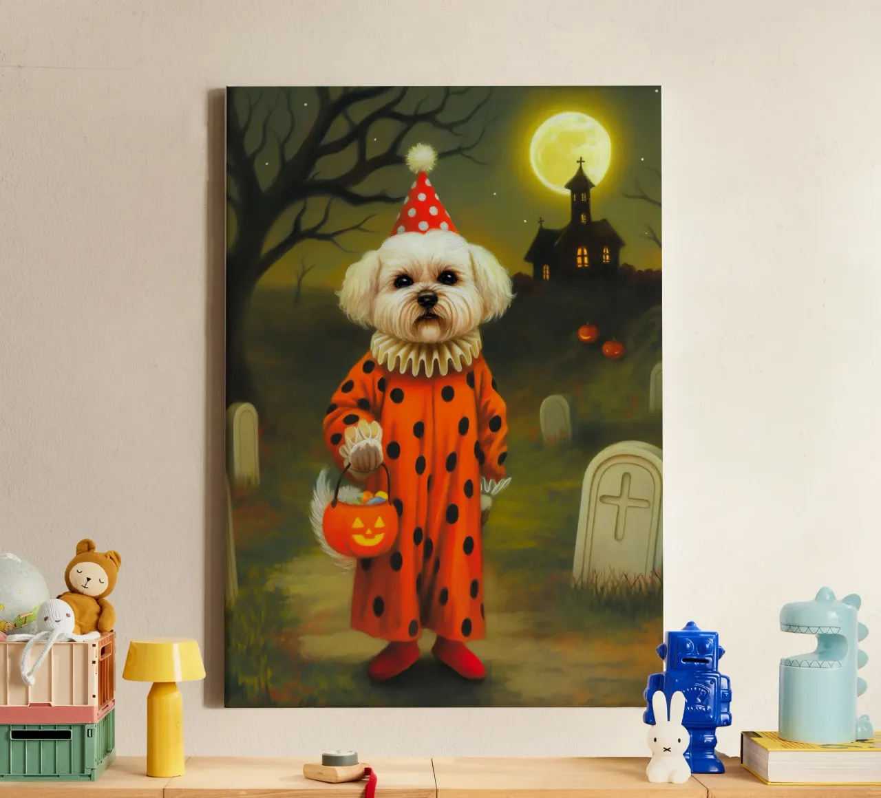 Cane clown di Halloween: dolcetto o scherzetto in un cimitero tela con Cornice a cassetta da Fleur de Lys