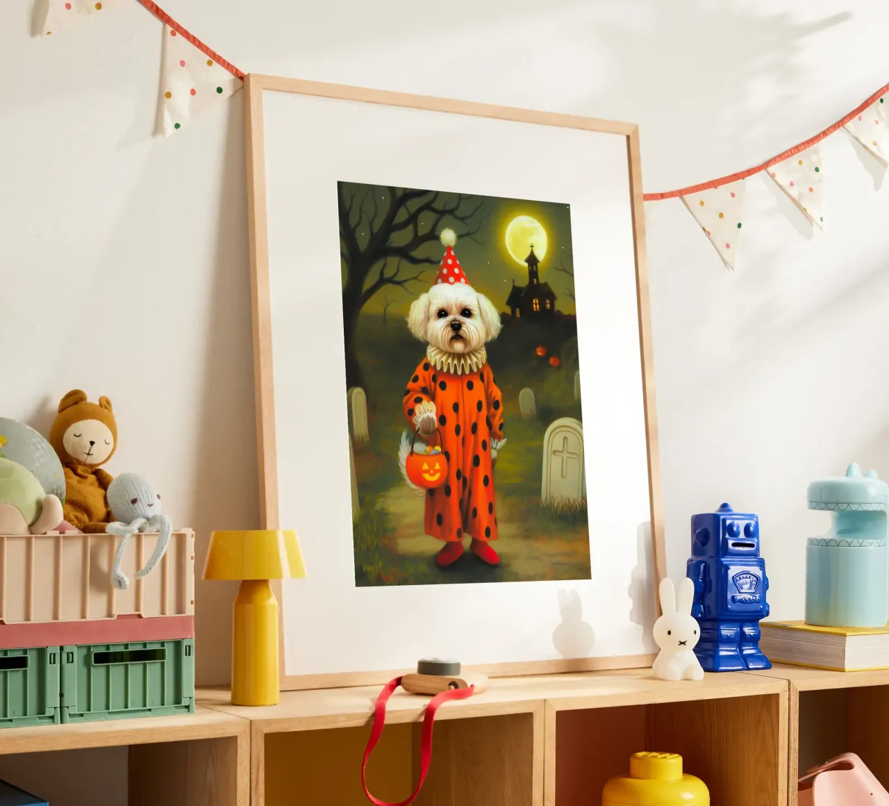 Cane clown di Halloween: dolcetto o scherzetto in un cimitero poster da Fleur de Lys