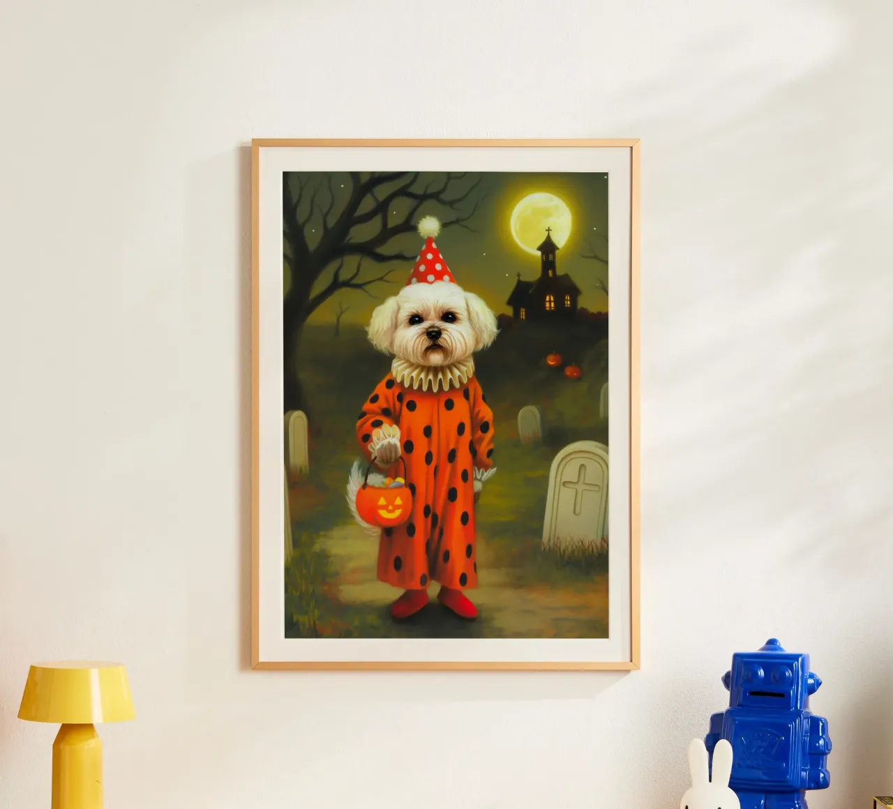 Cane clown di Halloween: dolcetto o scherzetto in un cimitero poster da Fleur de Lys